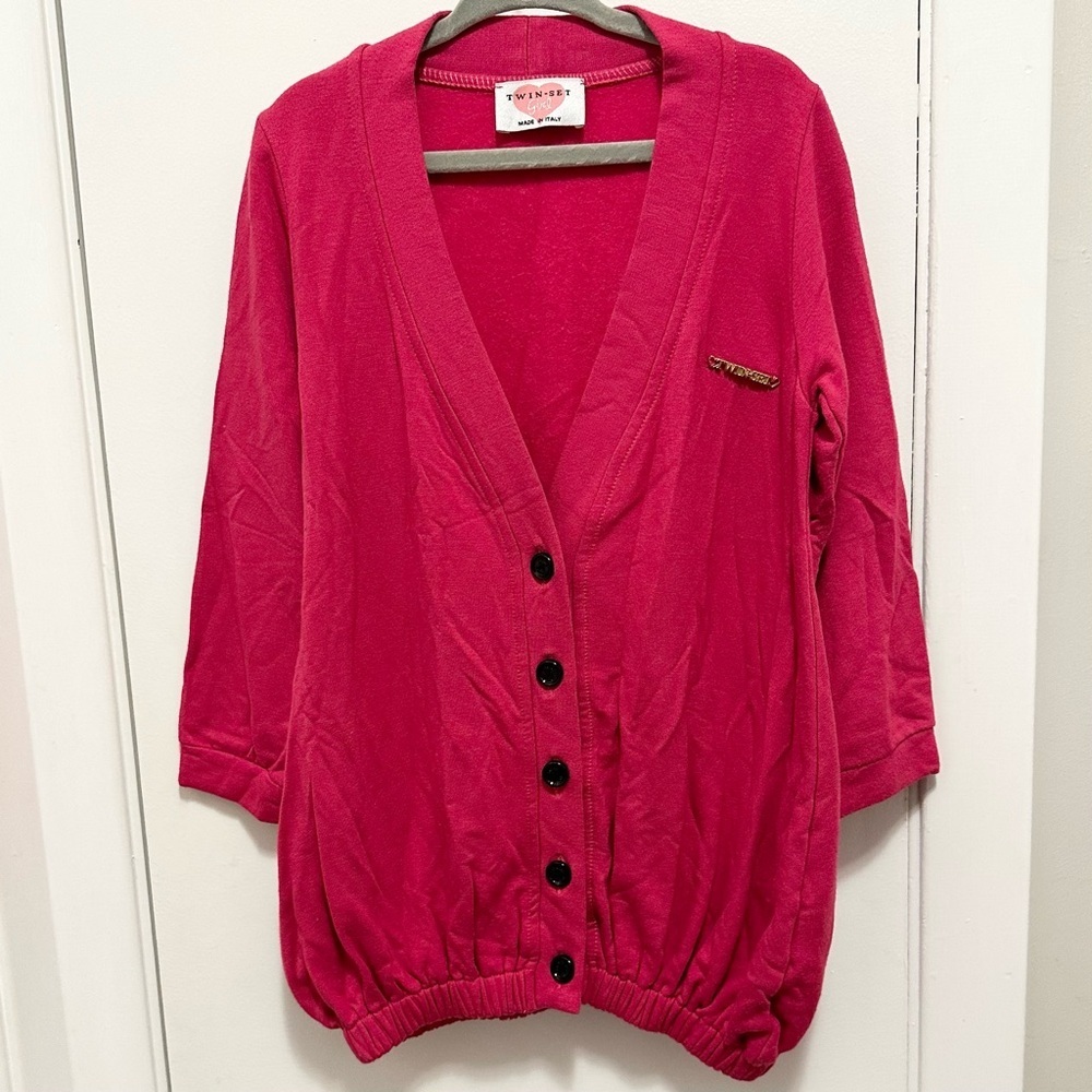 Twinset Girl Pink Long Granny Cardigan 4 Made in Italy Gold Charm Twin-Set Logo